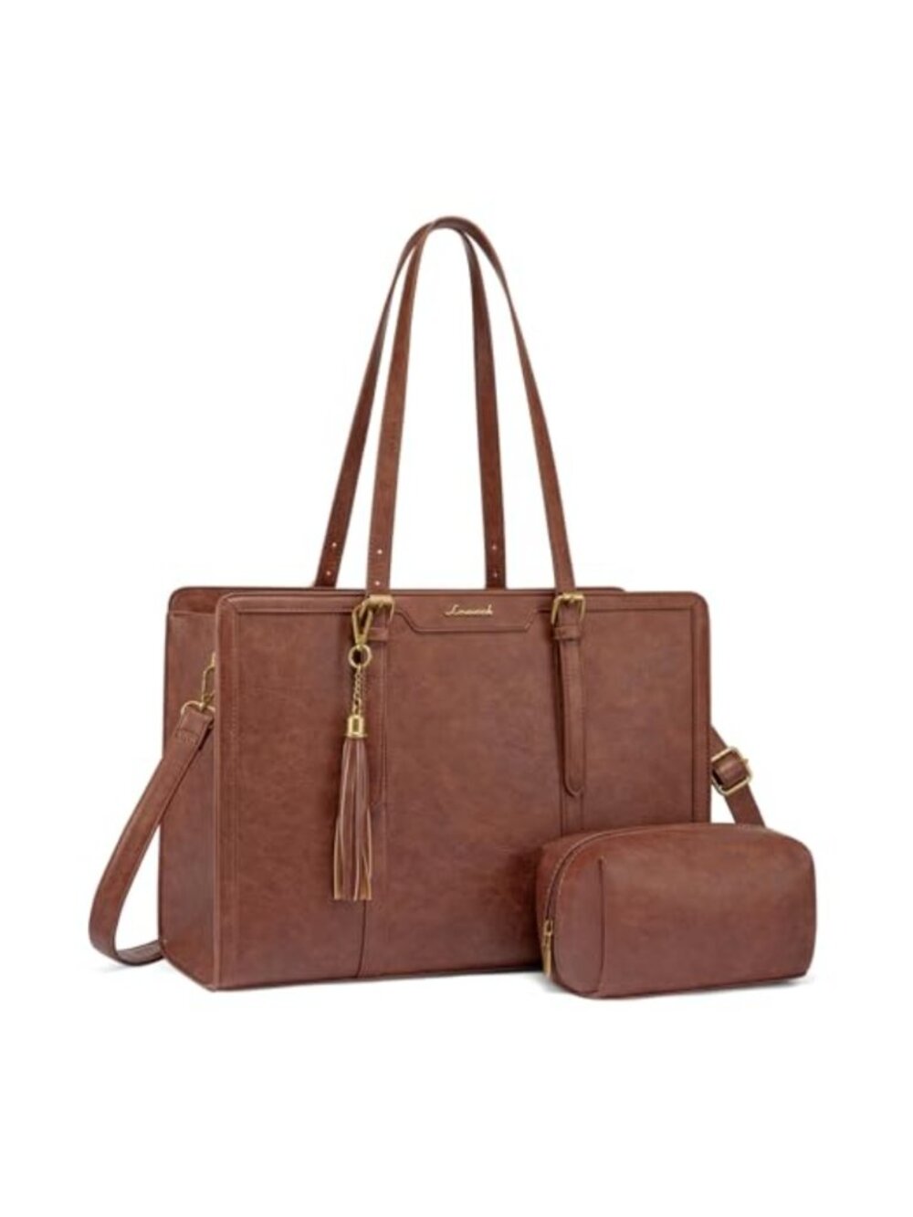 Vintage PU Leather Laptop Tote 15.6 Inch Large Capacity Work Bag with Clutch